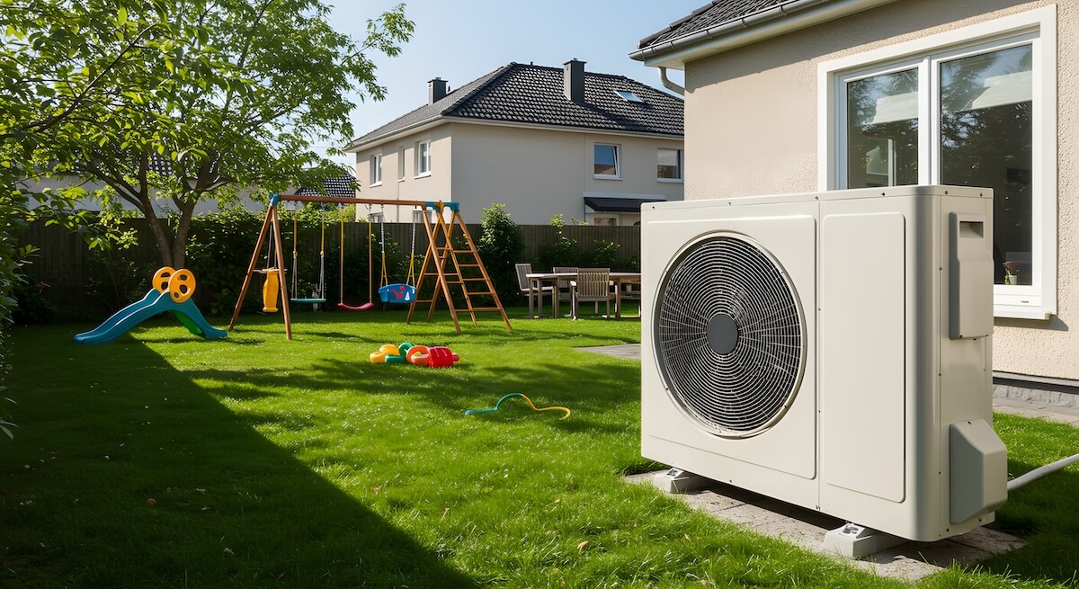 Wärmepumpe mit natürlichem Kältemittel in Garten eines Einfamilienhauses