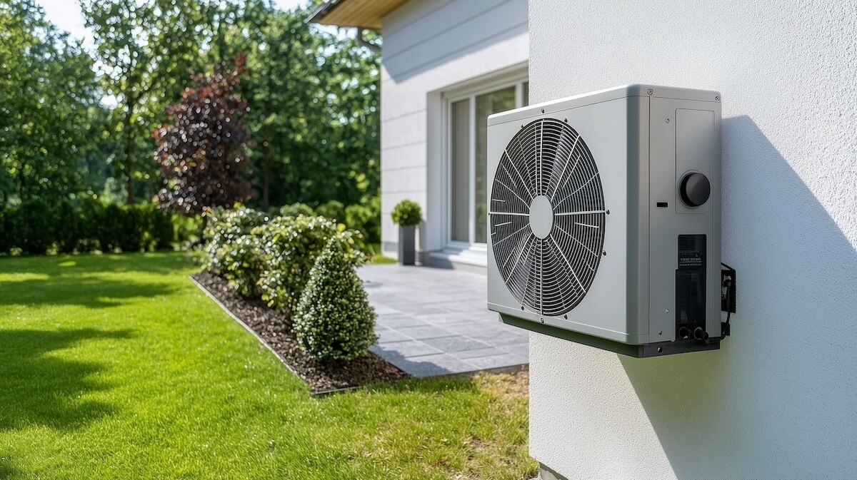 Wärmepumpe an der Hauswand im Garten