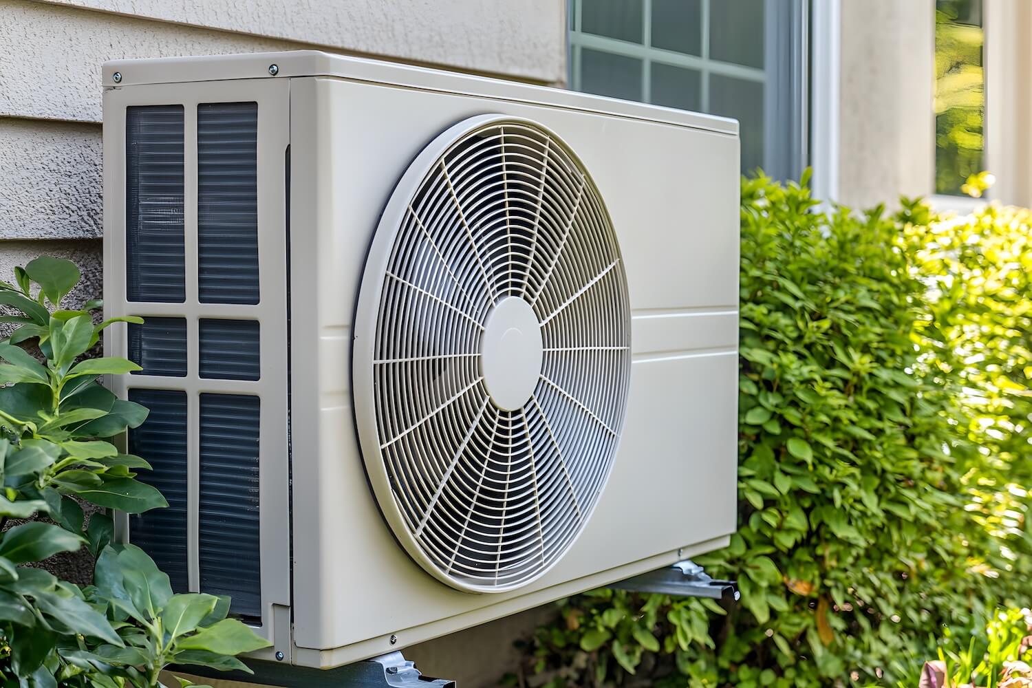 Wärmepumpe an einer Hauswand im Garten