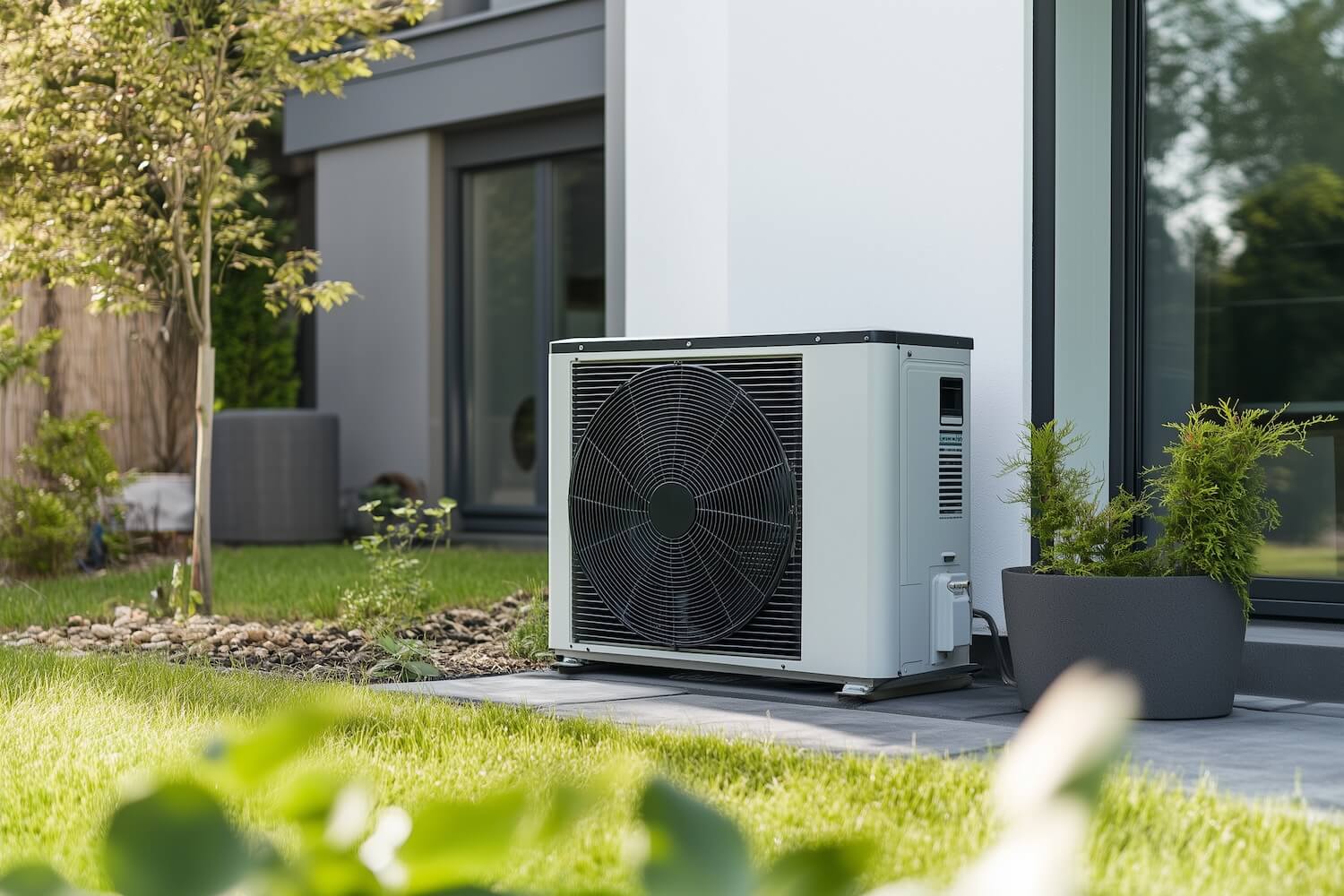 Moderne Luftwärmepumpe im Garten eines Einfamilienhause