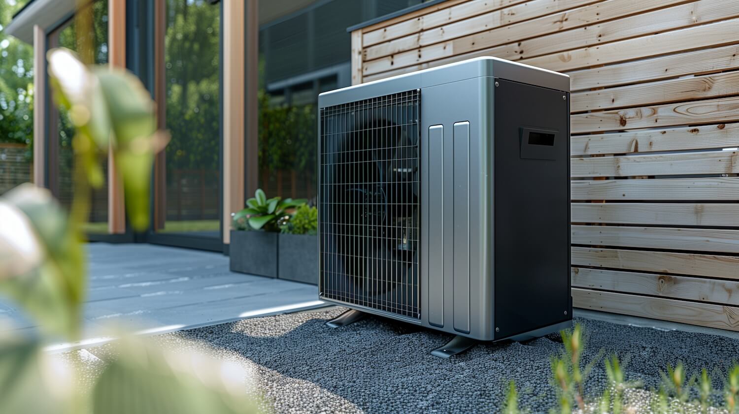 Moderne Wärmepumpe in einem Garten mit Holzverkleidung im Hintergrund.