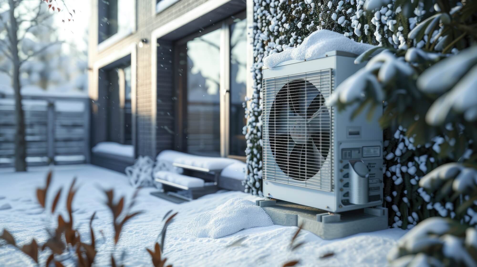 EIne Wärmepumpe steht vor einem Haus in einem verschneiten Garten.