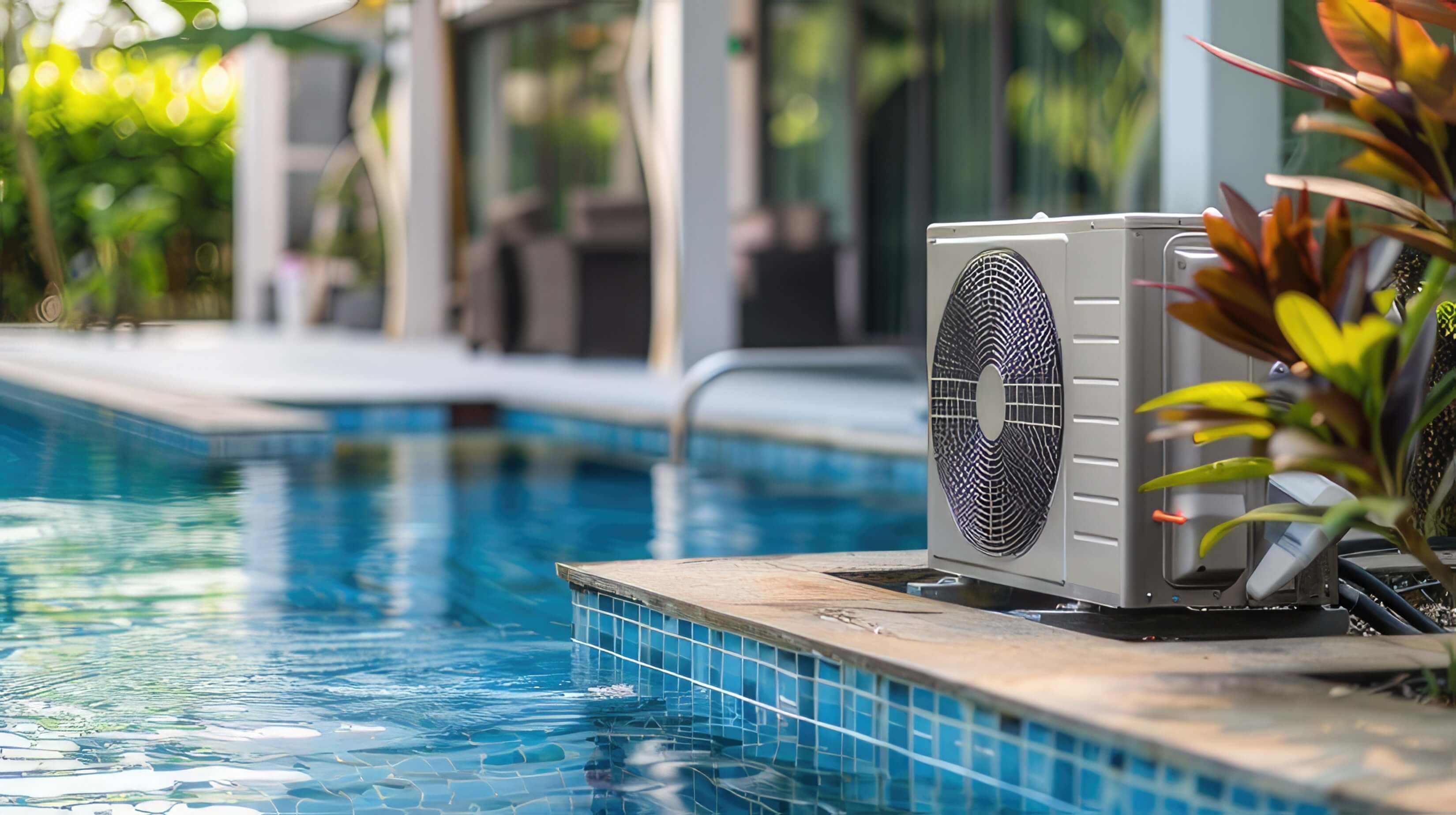 Eine Wärmepumpe steht neben einem Pool.