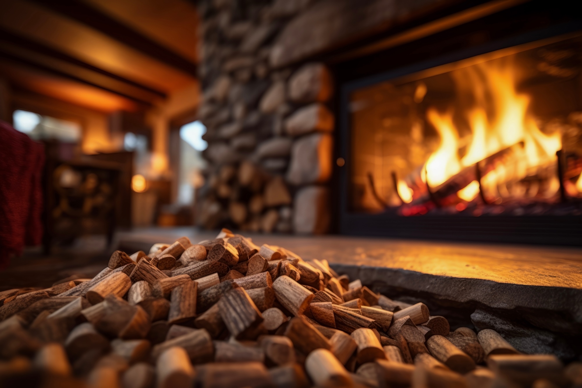 Pellets liegen vor einem Kamin-Ofen