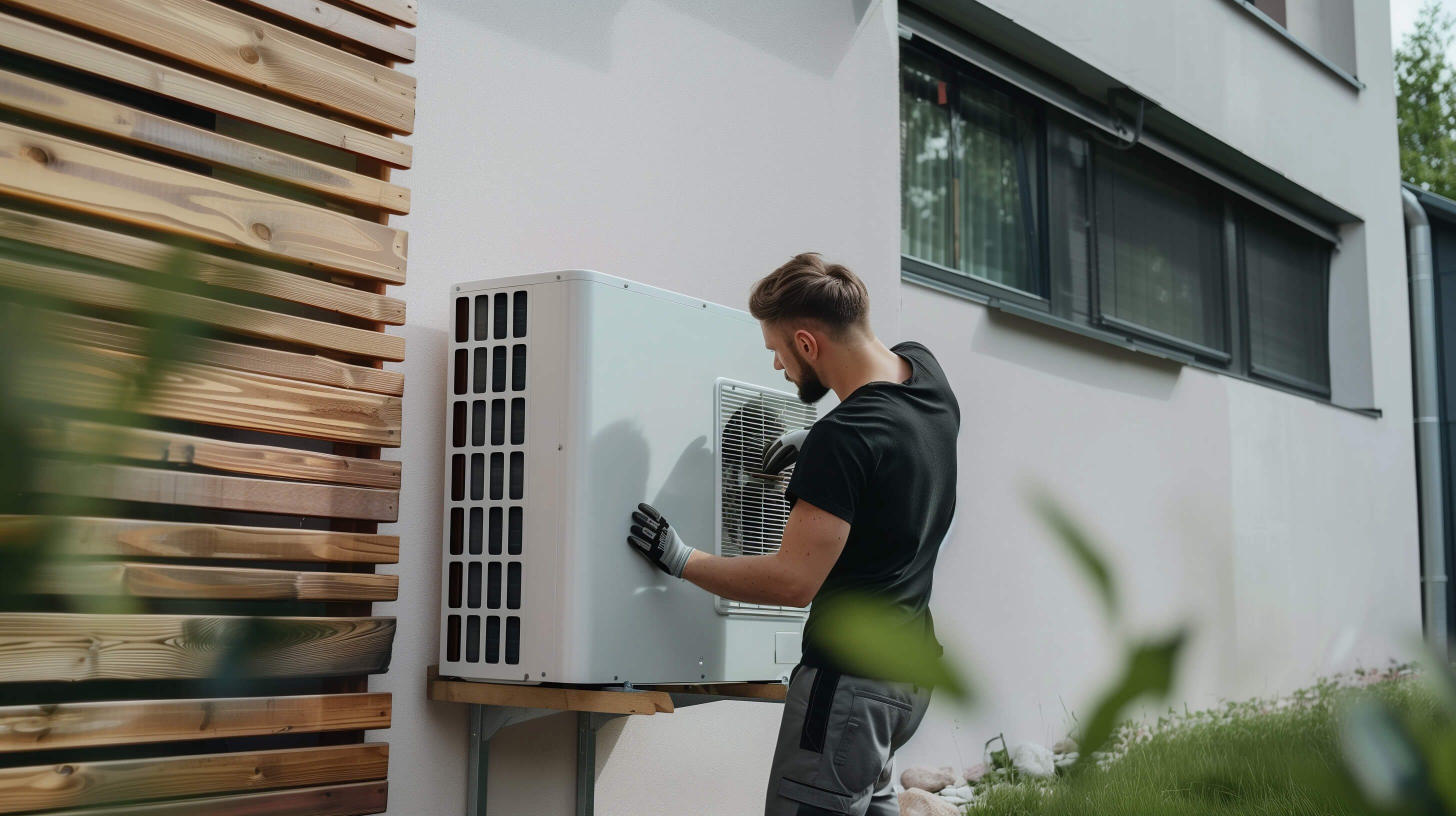 Handwerker setzen Sanierungsmaßnahmen wie Einbau Wärmepumpe um