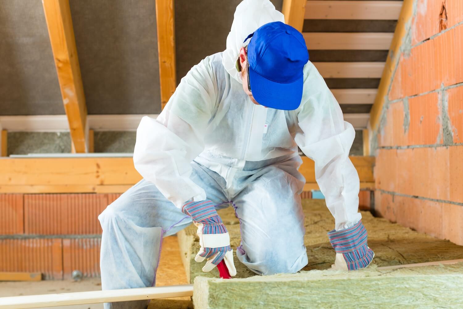 Baustelle ohne Handwerker Ghosting – Fachkraft in weißer Arbeitskleidung installiert professionell Dämmung im Dachgeschoss