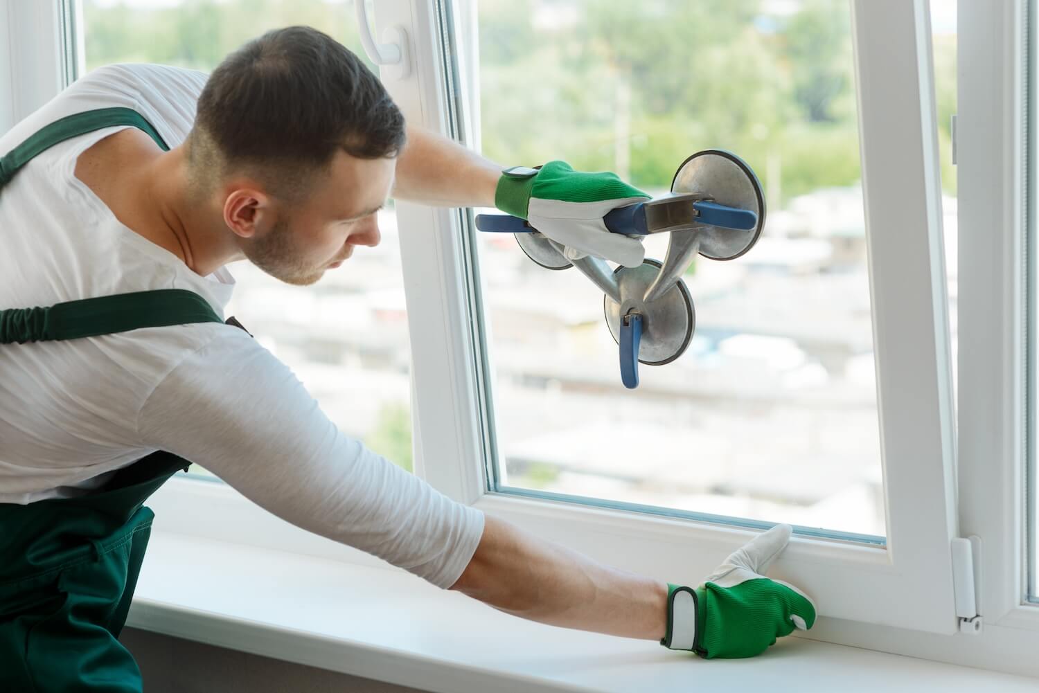 Qualifizierter Handwerker für Fenster montiert neue Scheibe mit professionellen Saugheber-Werkzeugen