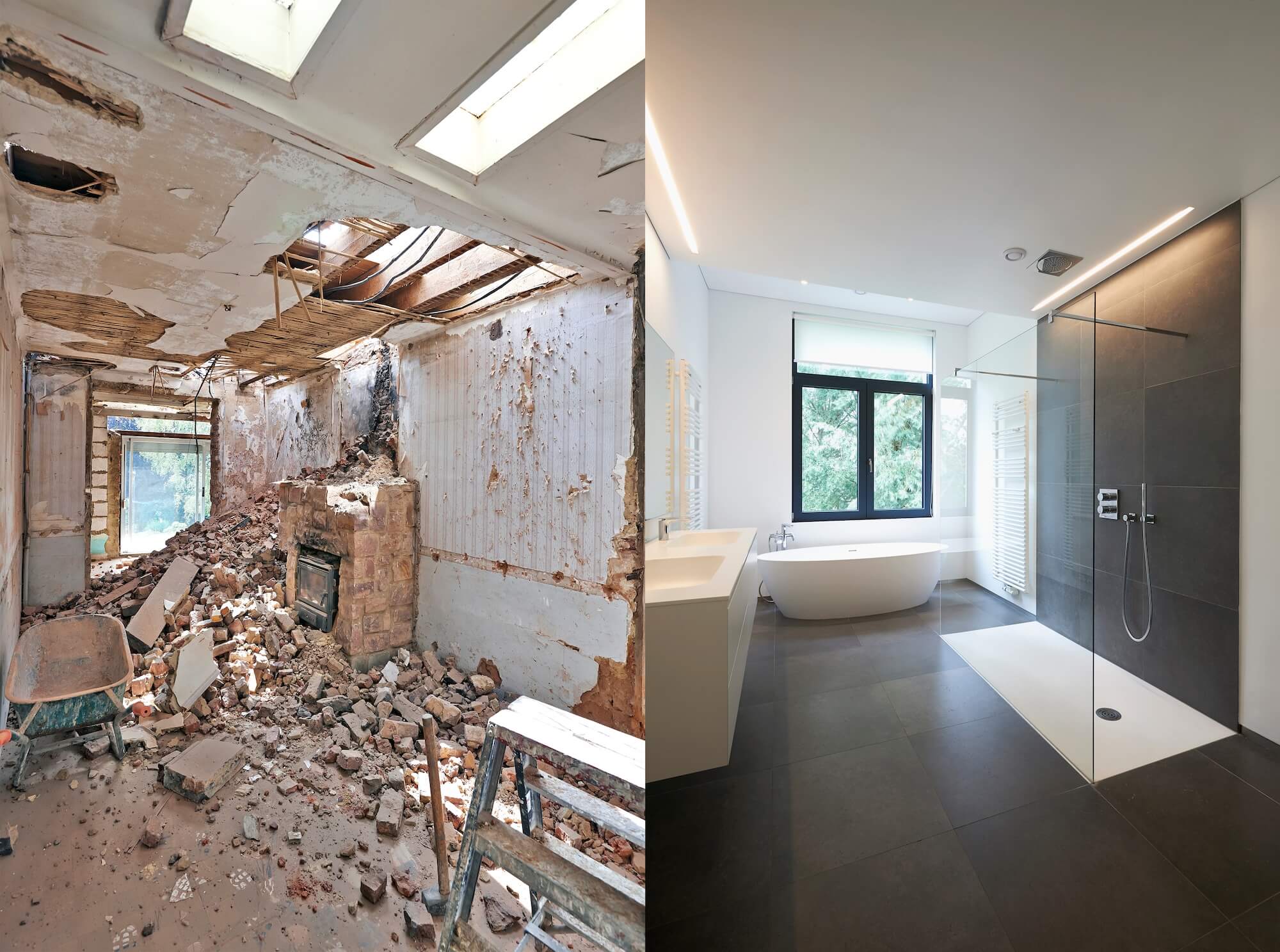 Vorher-Nachher Bild demonstriert Sanierung Altbau vs Neubau Potential durch komplette Badezimmer-Modernisierung