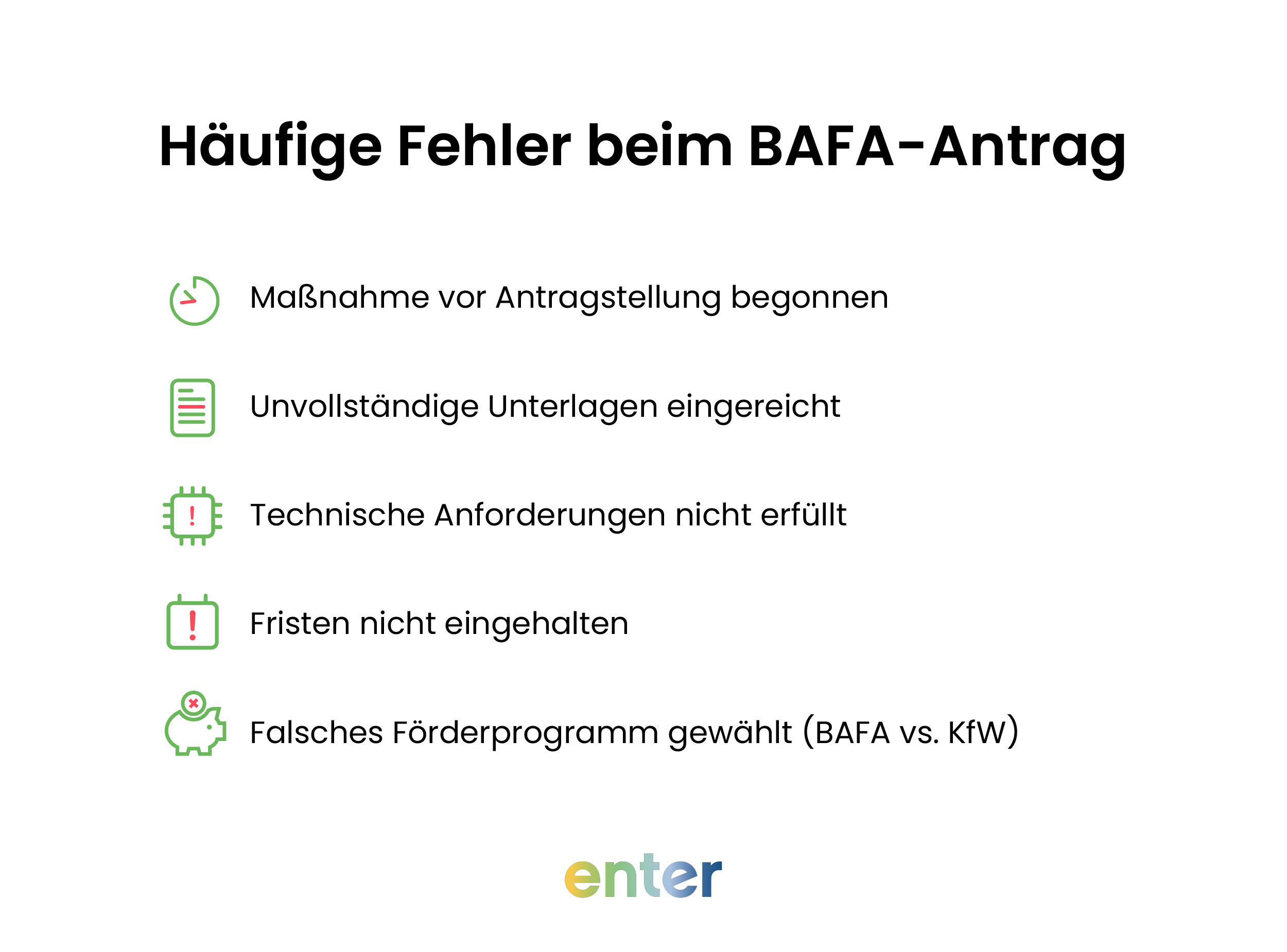 Grafik zeigt häufige Fehler beim BAFA-Antrag, z. B. unvollständige Unterlagen oder falsches Förderprogramm – BAFA-Förderung beantragen Anleitung und Tipps zur Antragstellung