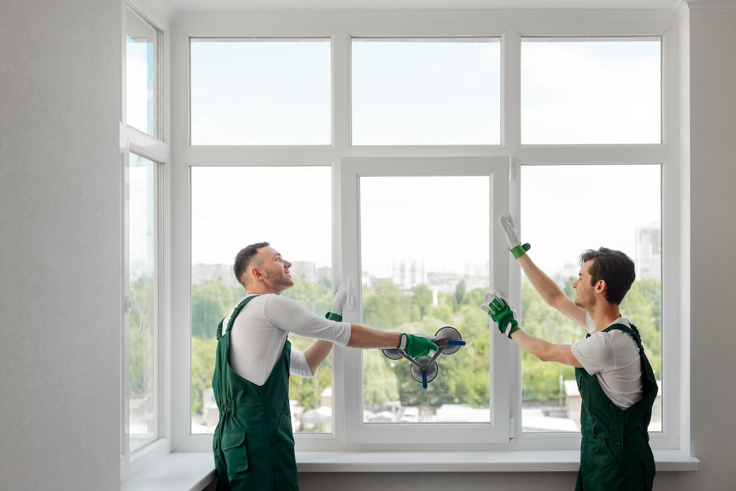 Professionelle Handwerker fĂŒr Fenster installieren gemeinsam neue weiĂe Fensterrahmen im Wohnraum
