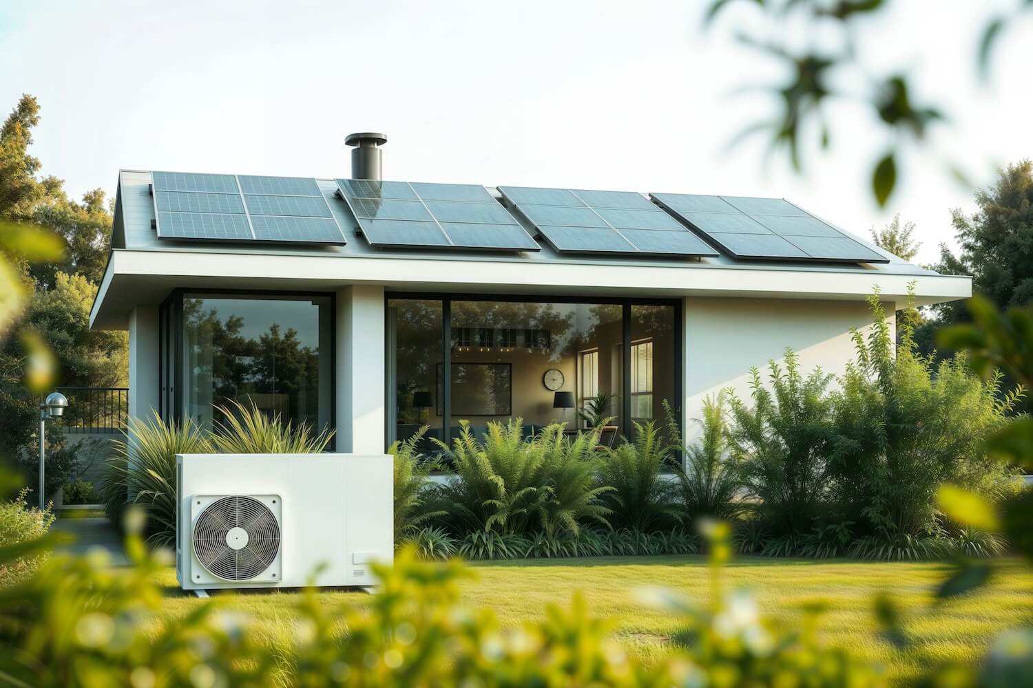 Wärmepumpe im Garten eines Hauses mit Solarmodulen auf dem Dach.