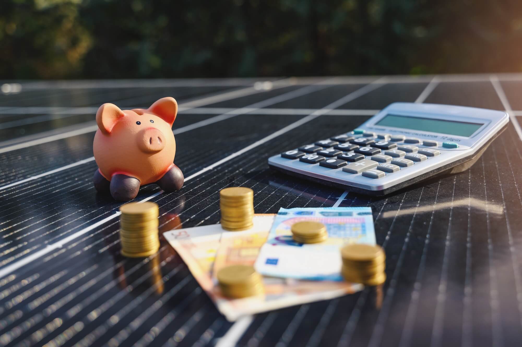 Ein Sparschwein, ein Taschenrechner und ein paar Geldscheine und gestapelte MĂŒnzen liegen auf einem Solarmodul.