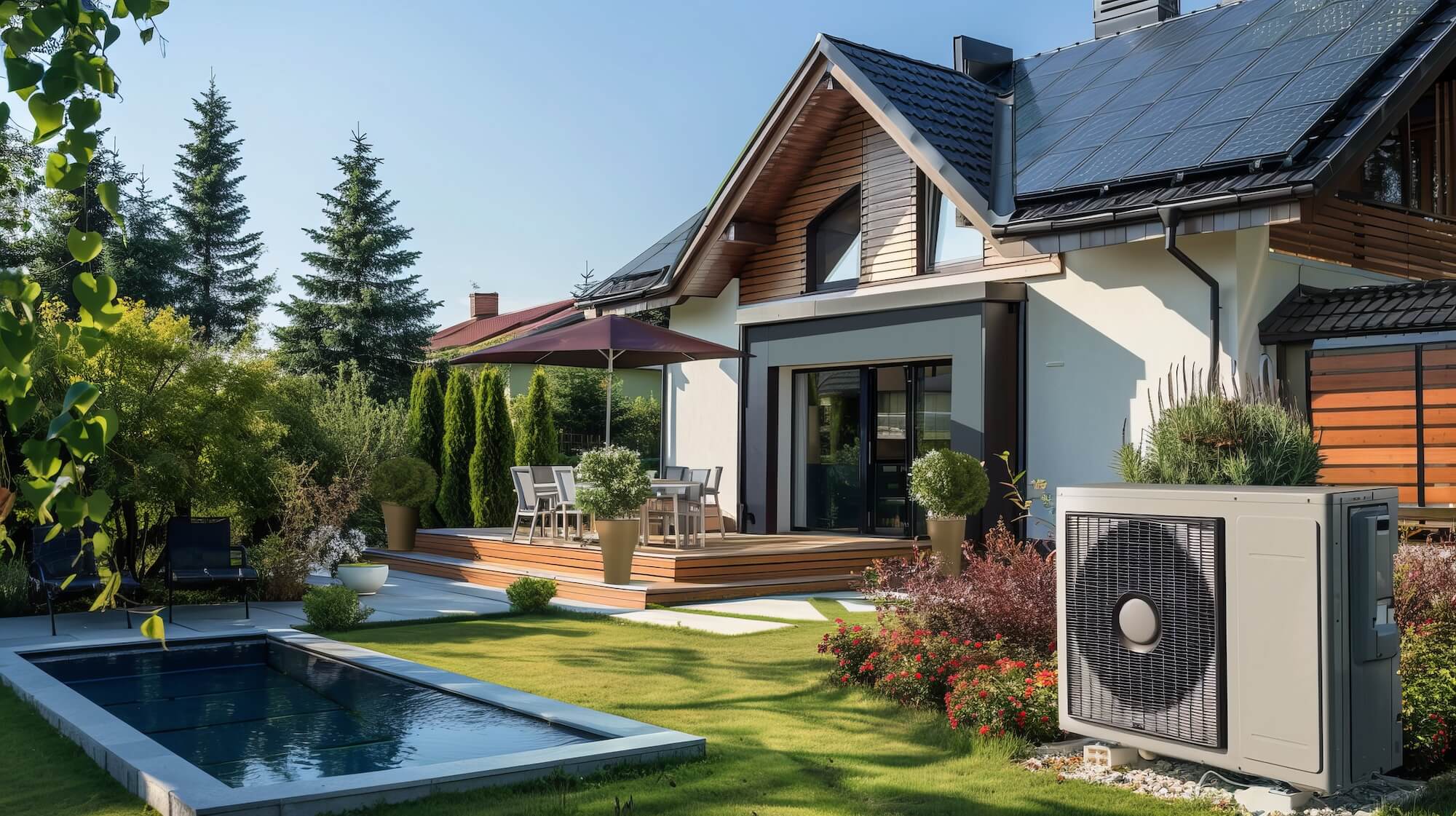 Moderne Wärmepumpen-Außeneinheit vor Einfamilienhaus mit Solarmodulen auf dem Dach in sonniger Umgebung.