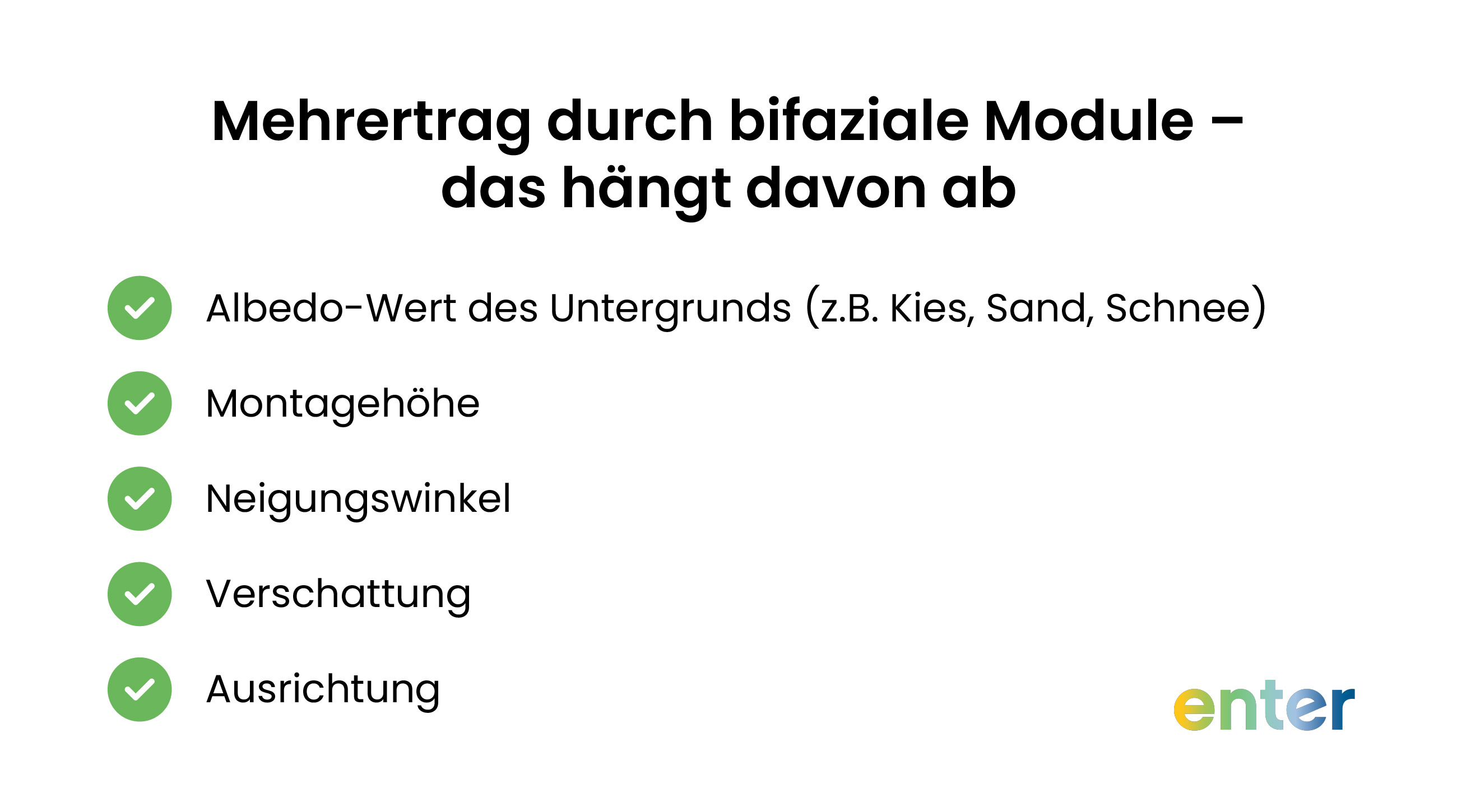 Der Mehrertrag mit bifazialen Modulen hÀngt unter anderem vom Neigungswinkel und der Montagehöhe ab.