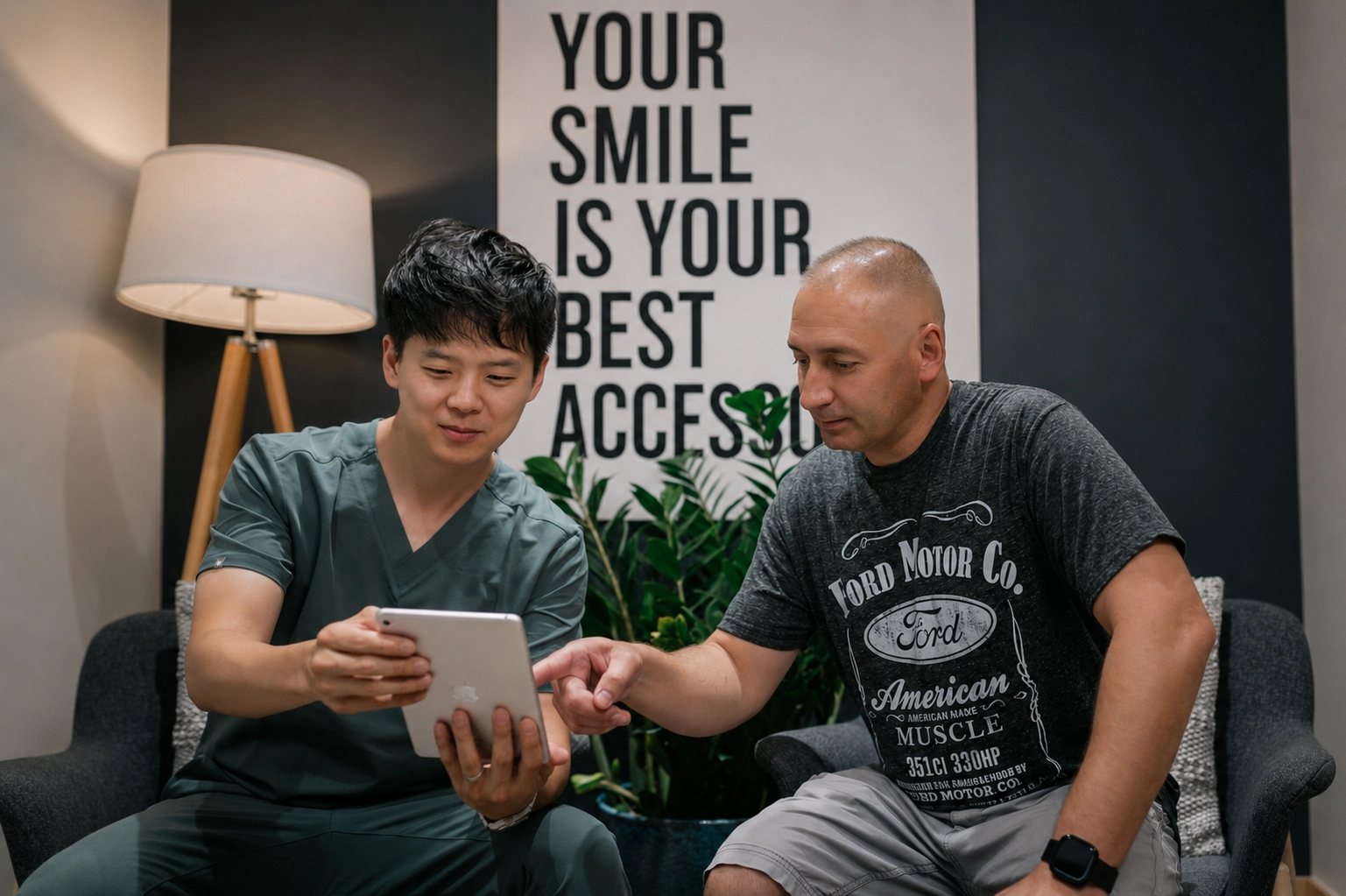Smiling happy patient with Dr. John Ku