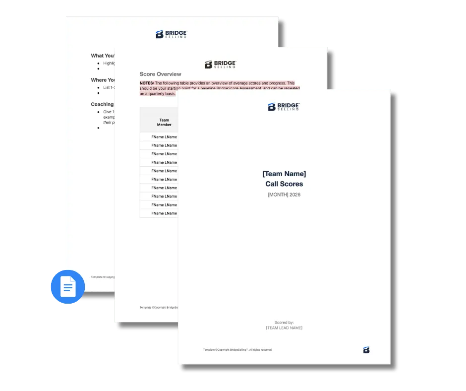 Stack of three Bridge Selling documents titled 'Call Scores' with placeholders for team name, month, and team member names, showing a score overview and coaching notes.
