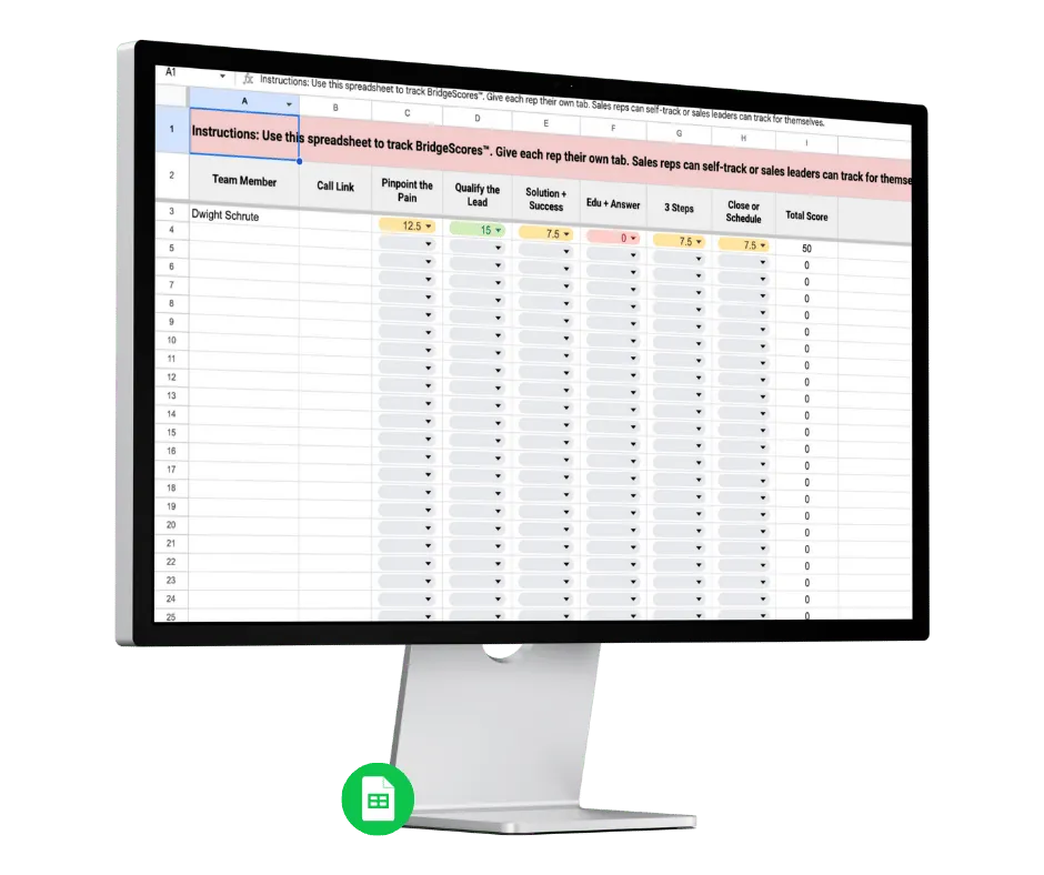 Computer monitor displaying a spreadsheet titled 'Instructions: Use this spreadsheet to track BridgeScores' with columns for team member, call link, and various scoring categories.