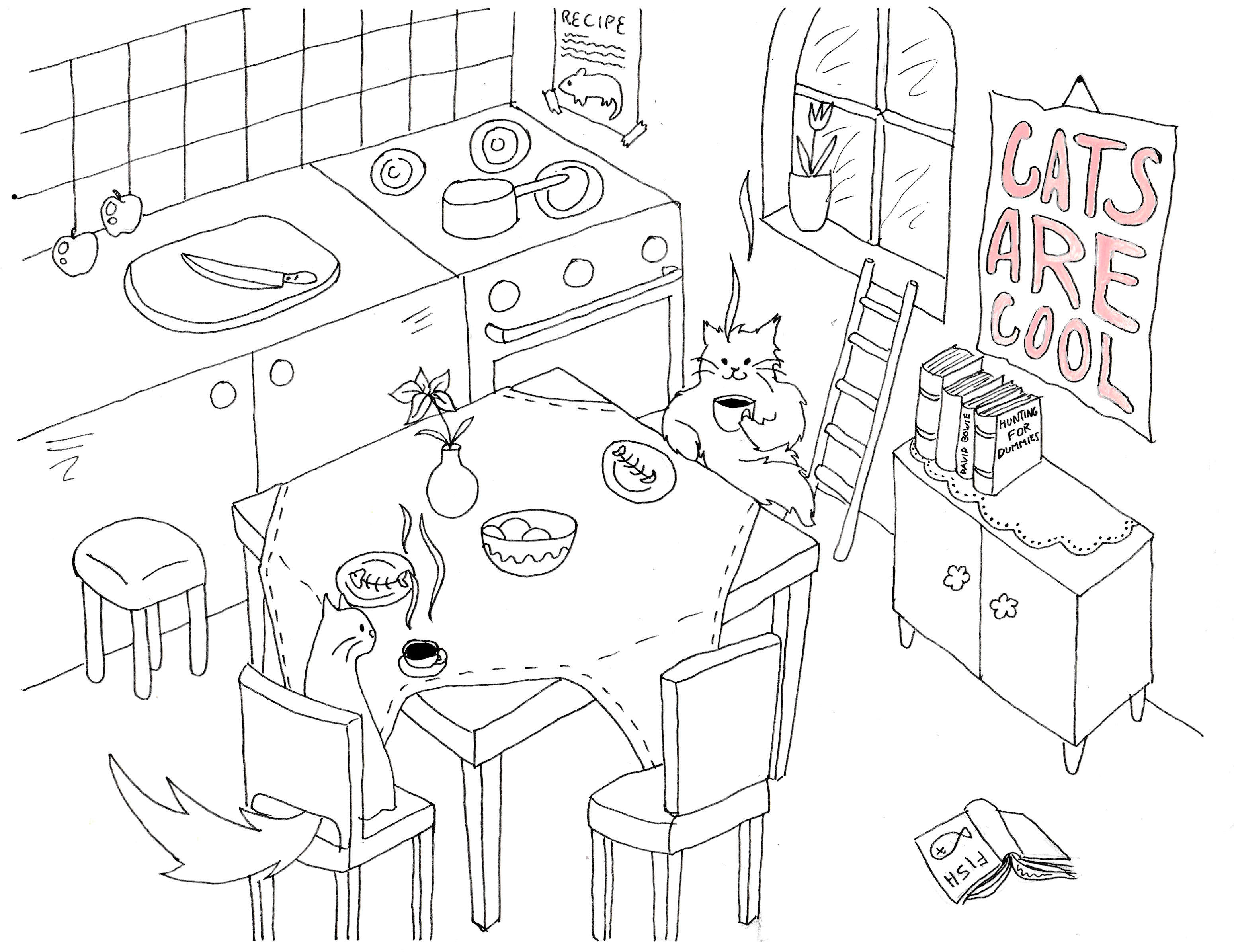 Black-and-white pen drawing of two cats sitting in a cozy kitchen, sharing a meal and a cup of coffee