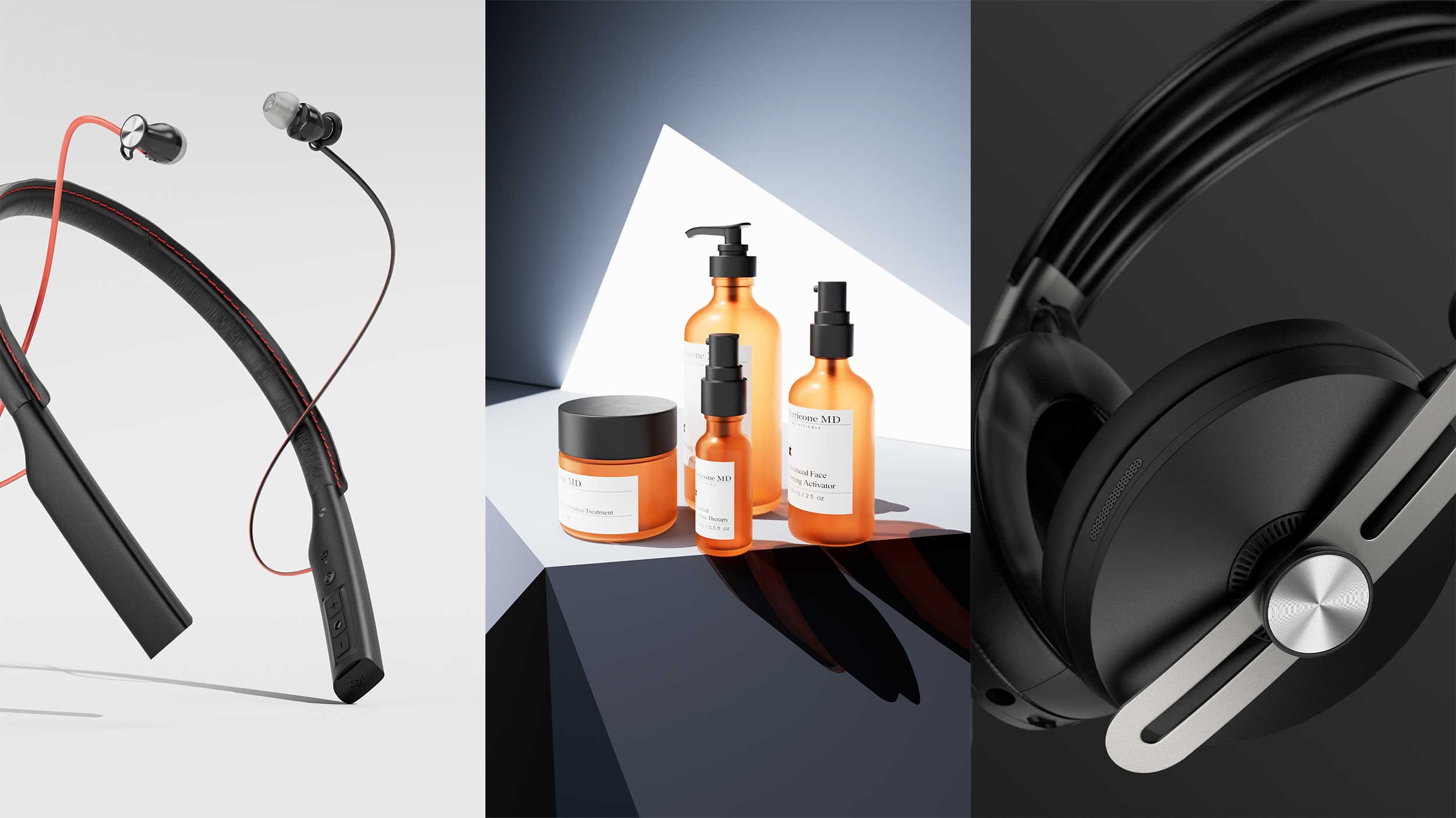Drei Nahaufnahmen: linke Seite zeigt kabellose Kopfhörer mit roten Kabeln, mittlere zeigt orangefarbene Kosmetikflaschen und -töpfe auf einer schwarzen und weißen Oberfläche, rechte Seite zeigt schwarze Kopfhörer auf dunklem Hintergrund.