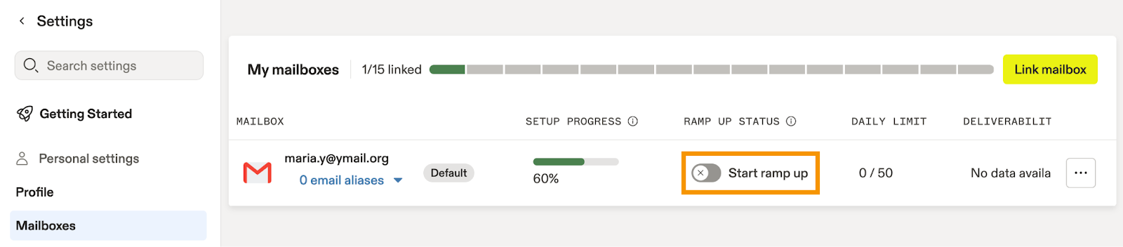 Screenshot of Apollo.io’s email warmup dashboard showing a mailbox interface