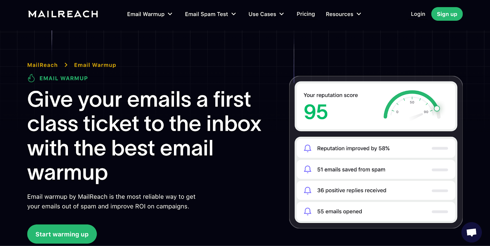 MailReach dashboard showing high reputation score, inbox activity metrics like replies and opens