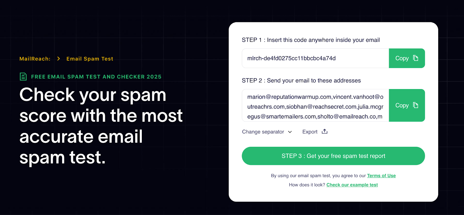 Screenshot of MailReach’s spam test feature where users copy a custom code and email addresses