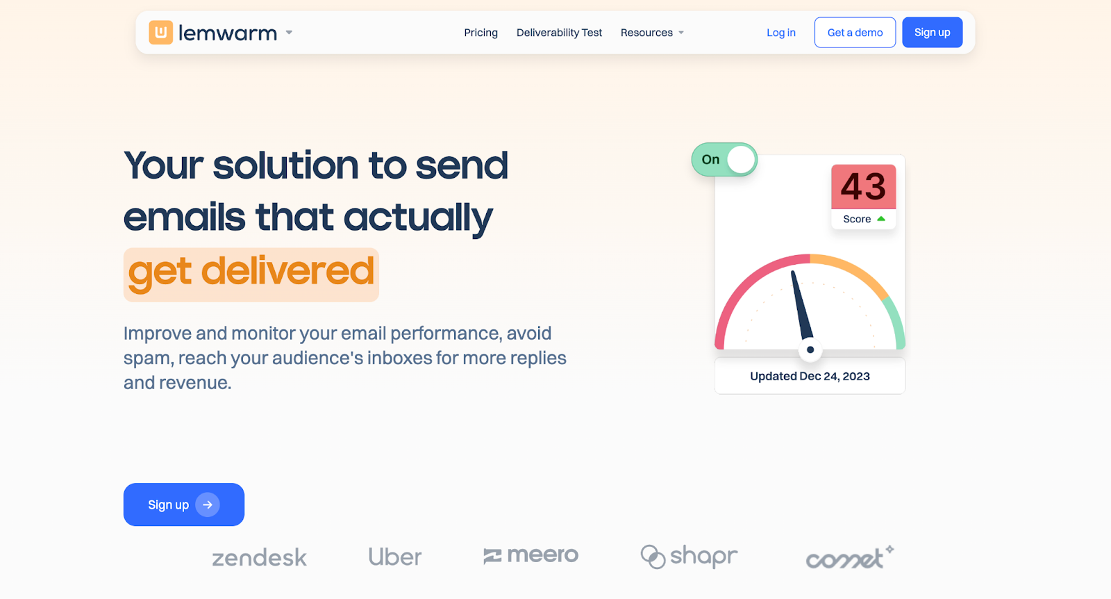Lemwarm homepage showcasing its deliverability monitoring tool.