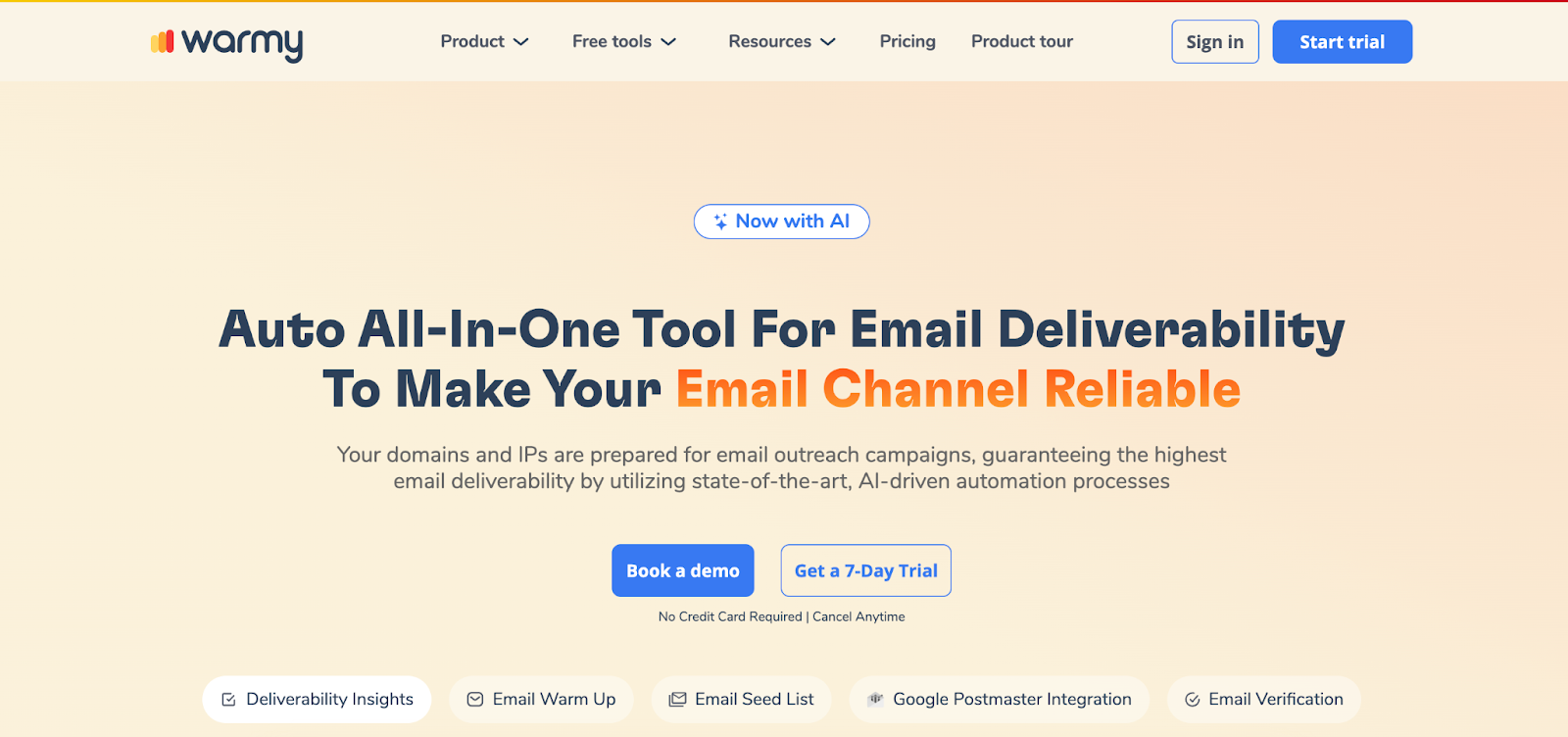 Warmy homepage highlighting its AI-powered all-in-one email deliverability platform.
