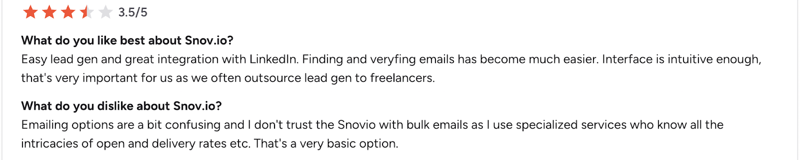 3.5-star Snov.io review discussing lead sourcing features and limited confidence in email delivery tracking