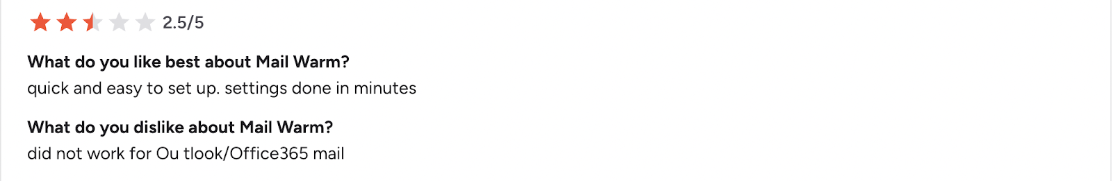 2.5-star Mailwarm review citing ease of setup and deliverability challenges with Outlook