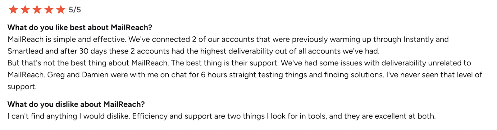 5-star review for MailReach describing improved deliverability and exceptional support over a 6-hour troubleshooting session.