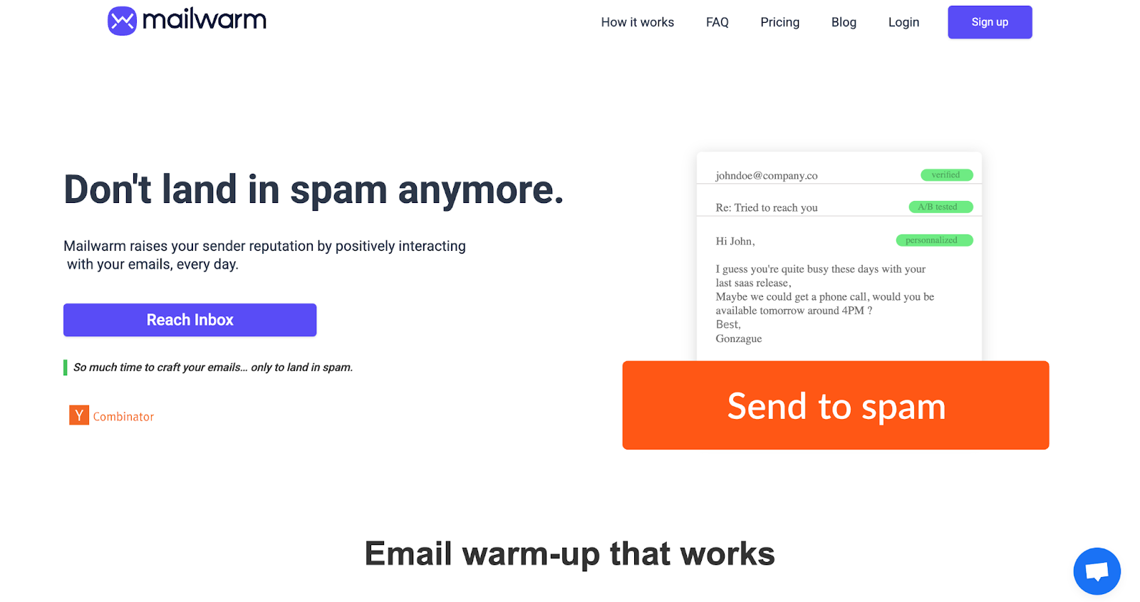Screenshot of Mailwarm UI showing inbox activity and A/B label system.