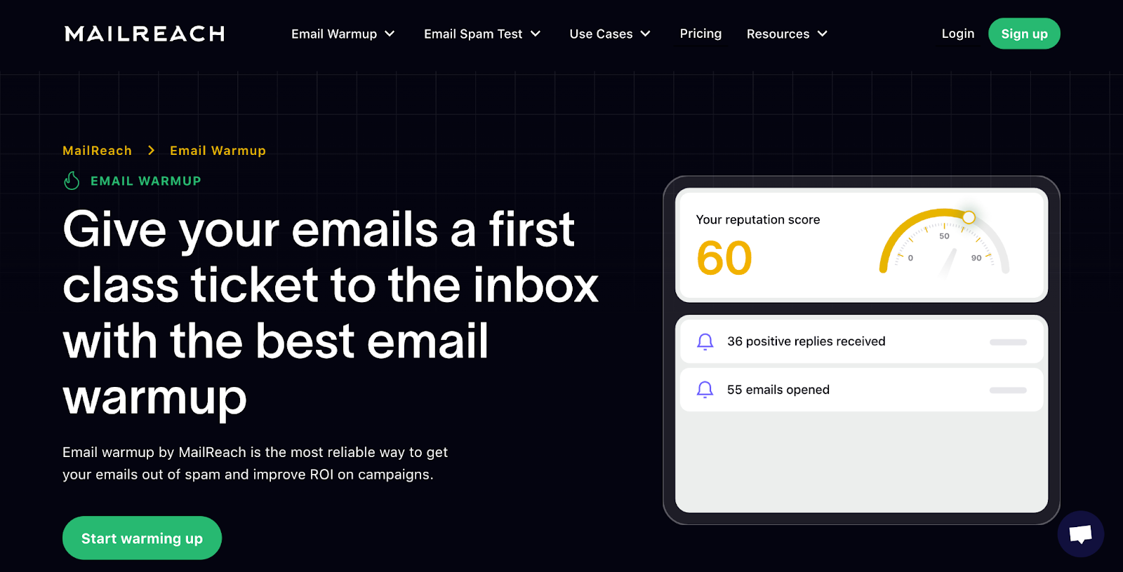 MailReach homepage highlighting sender reputation score, positive replies, and opened emails.