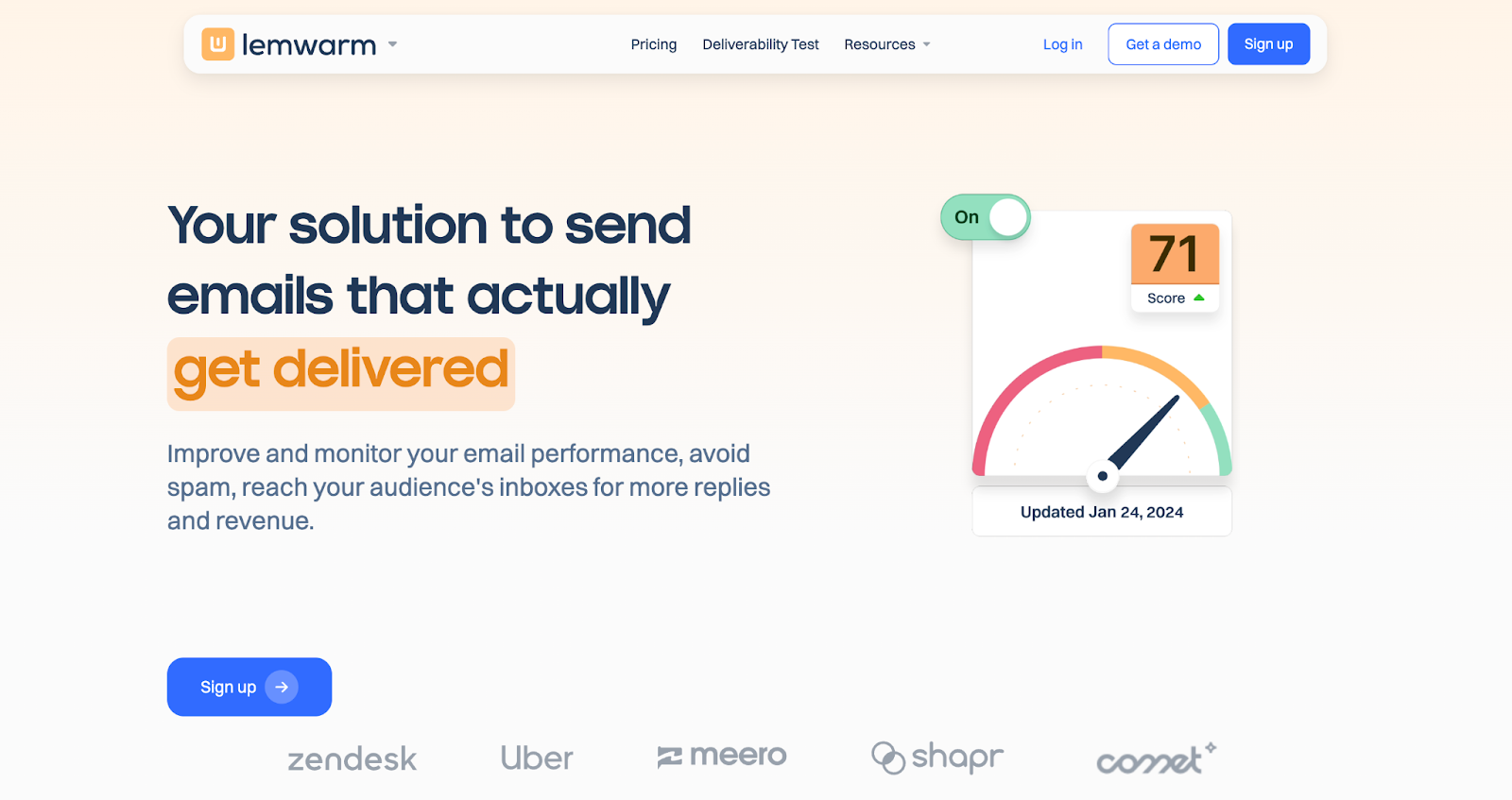Screenshot of Lemwarm homepage showing inbox performance score and delivery improvement.