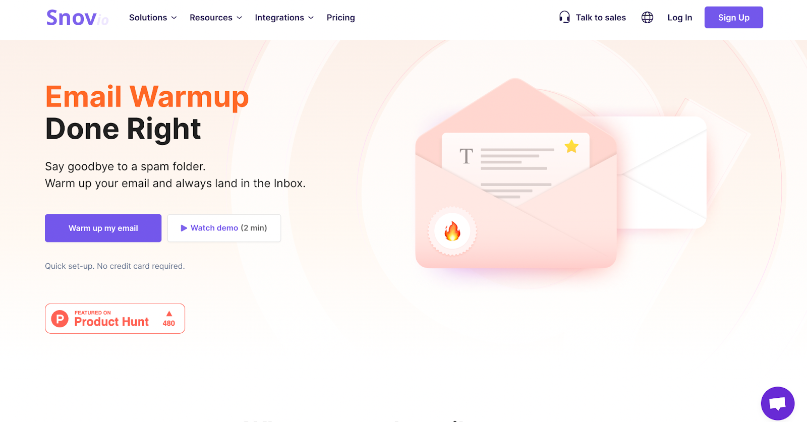 Screenshot of Snov.io warmup product page with envelope graphic and call-to-action buttons.