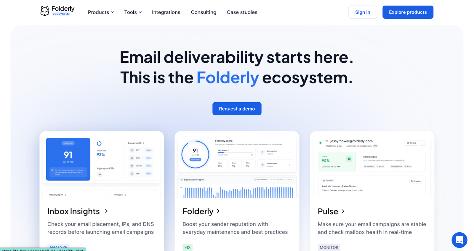 Screenshot of Folderly homepage showing dashboard widgets for domain health, deliverability scores, and inbox rates.