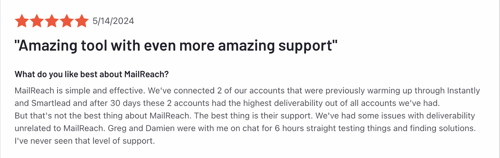 5-star G2 review dated May 14, 2024, praising MailReach for both deliverability improvements and exceptional support