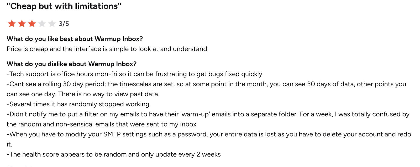 Review of Warmup Inbox, citing a simple interface but unreliable data and limited support hours