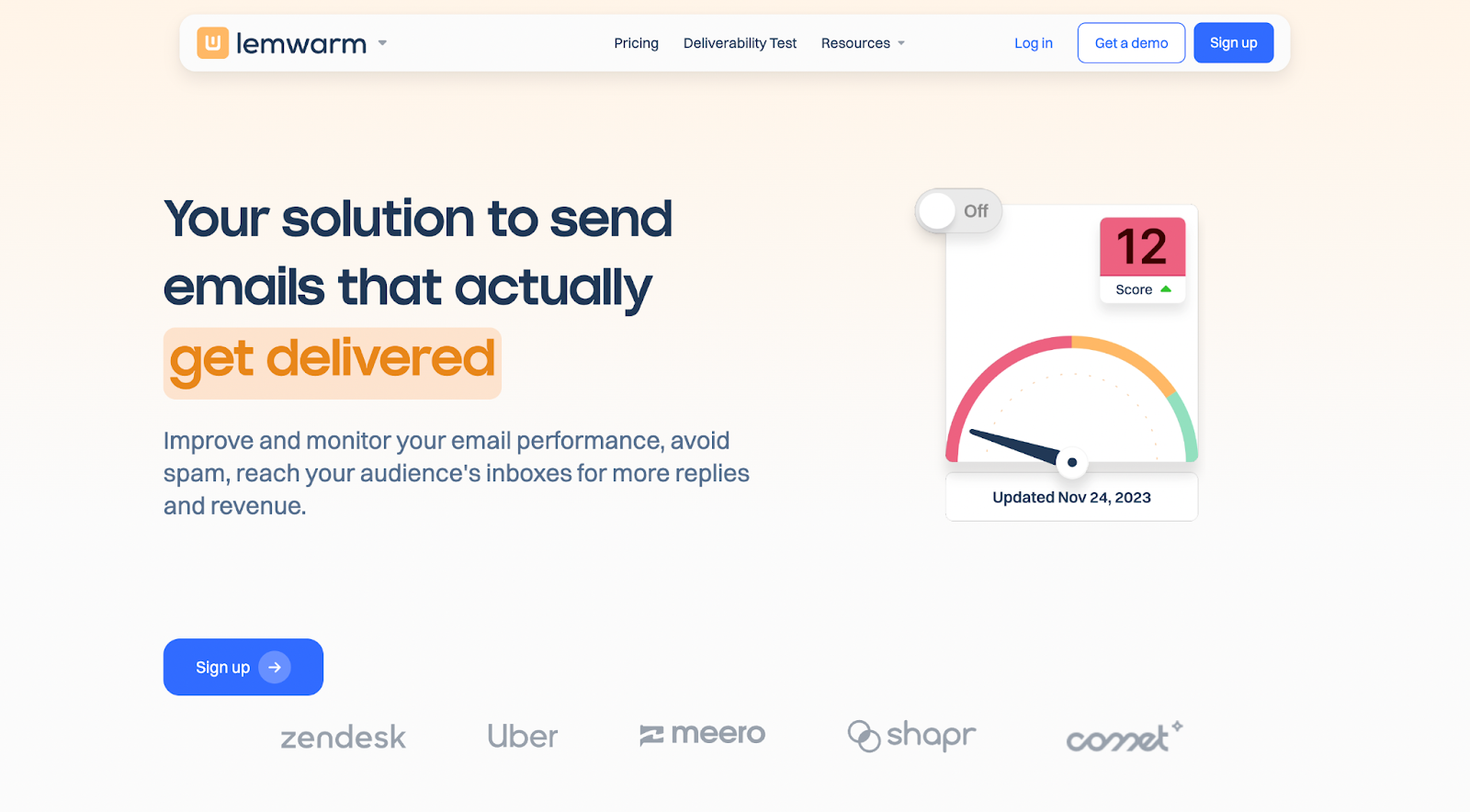 Landing page of Lemwarm, an email deliverability tool focused on helping users avoid spam folders and reach inboxes