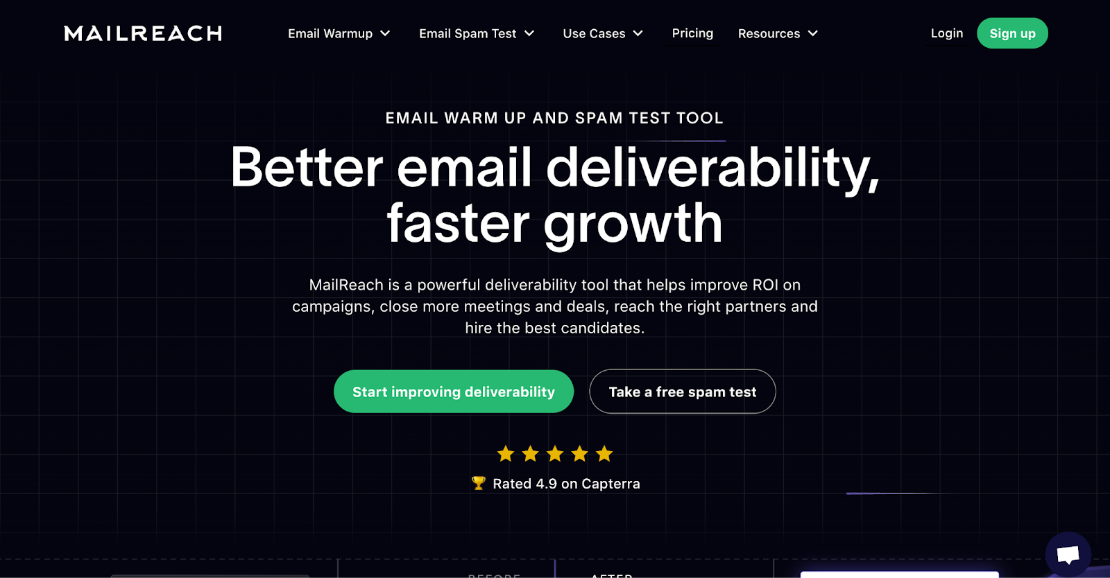 Screenshot of MailReach’s email warmup page showing a reputation score of 95 emails saved from spam, and positive replies