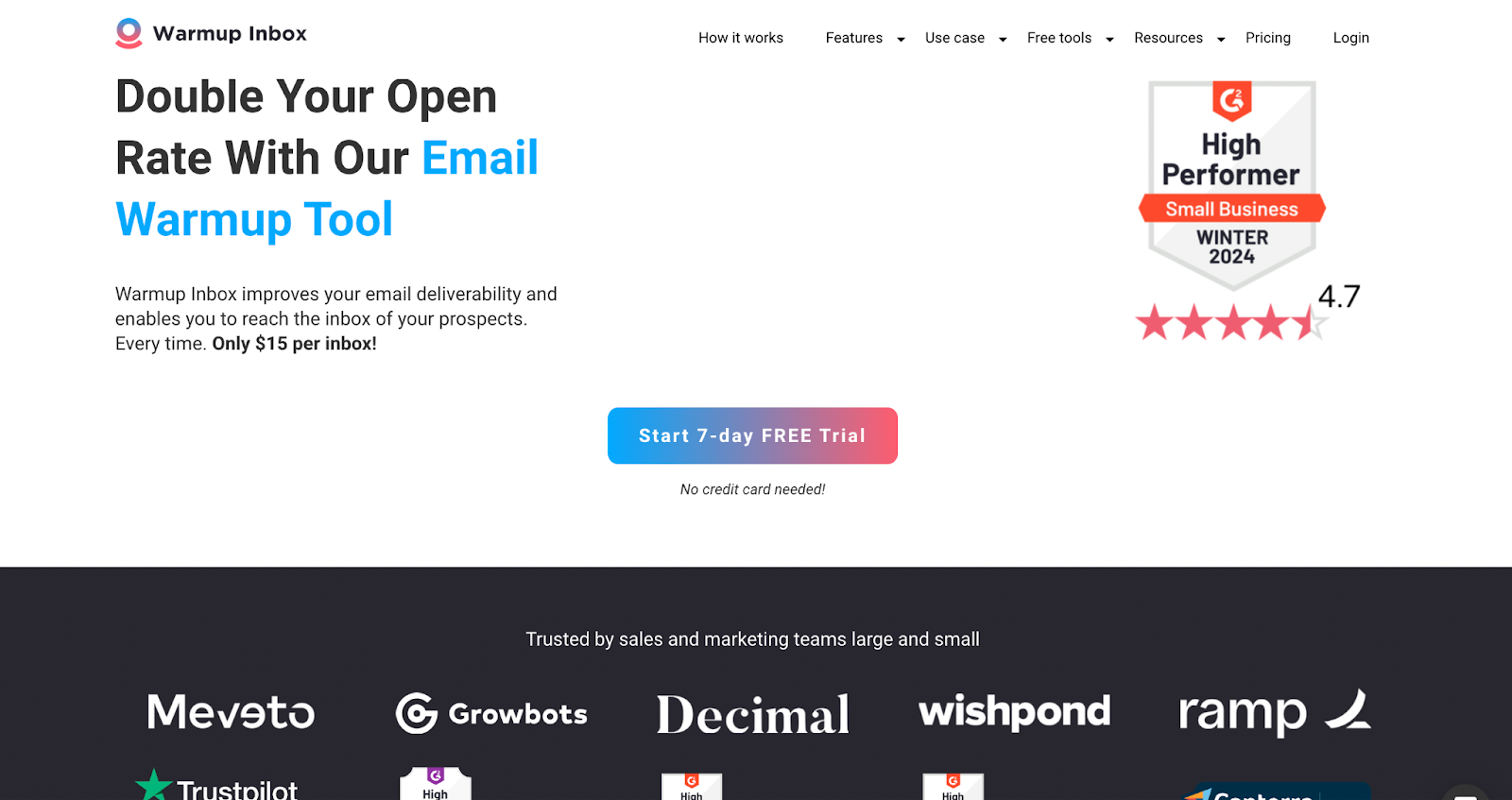 Website of Warmup Inbox showcasing ease of use, trial access, and a 4.7-star rating