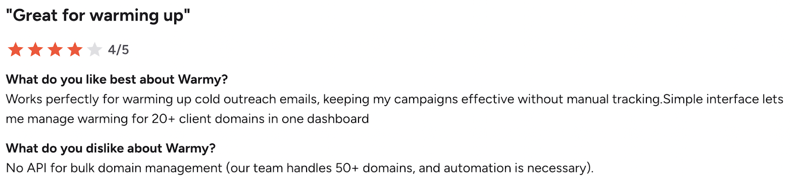 4-star Warmy.io review highlighting ease of use and effectiveness but no API for bulk management