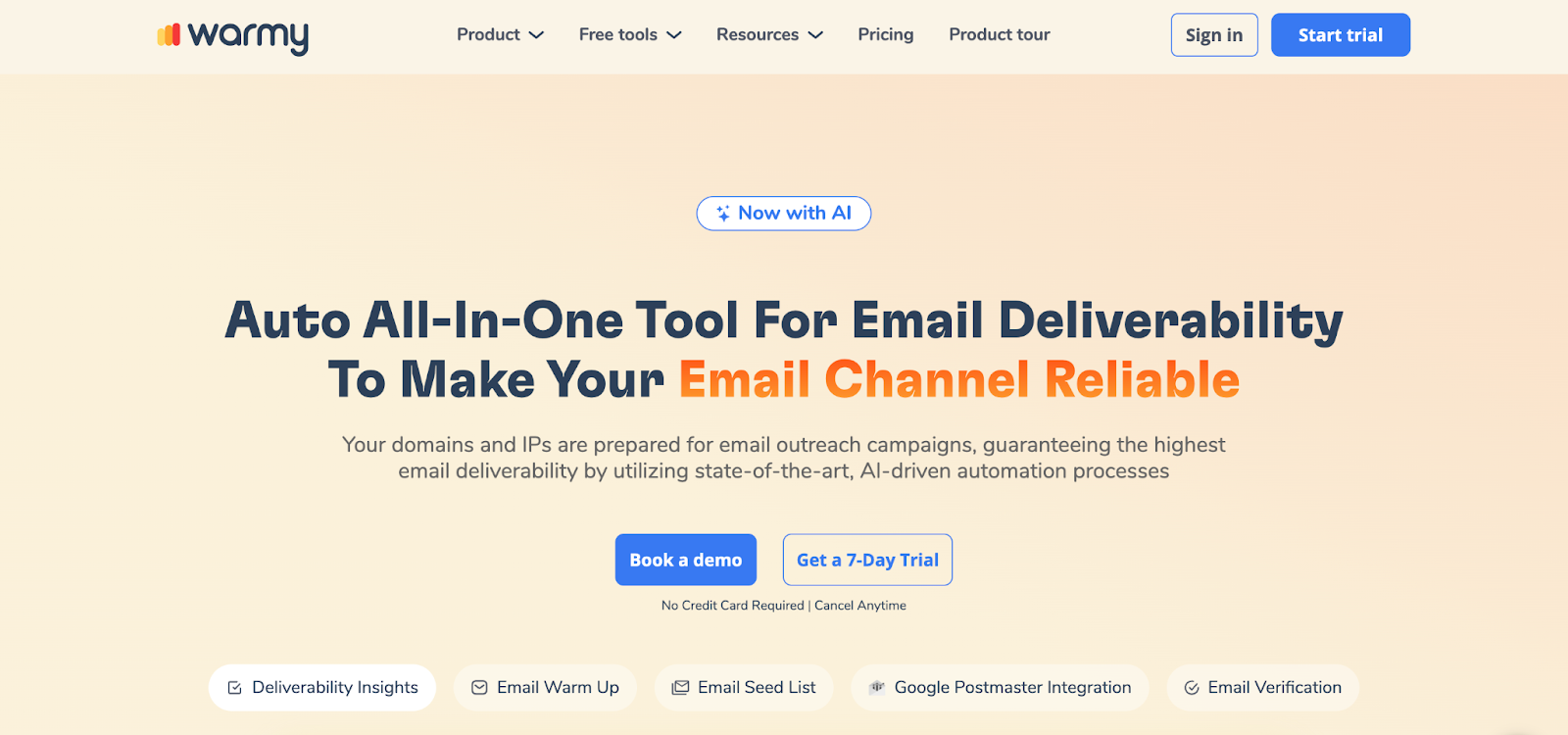 Warmy’s homepage promoting warm-up automation, email verification, and Google Postmaster integration