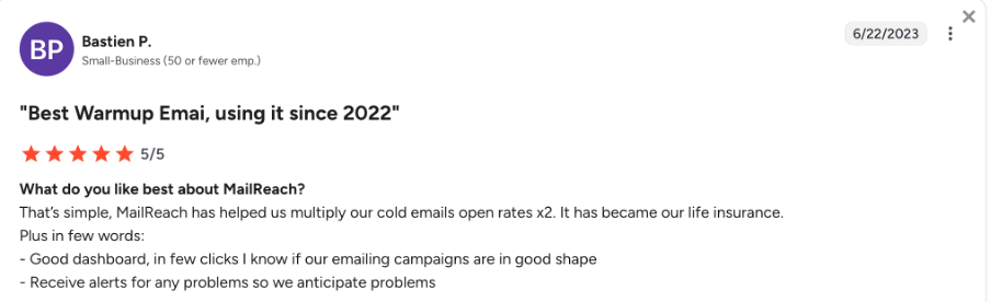 An image of MailReach’s email warmup webpage