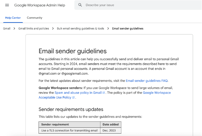 A screenshot Gmail’s email sender guidelines