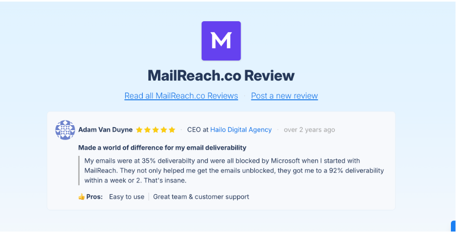 Screenshot of MailReach’s customer feedback