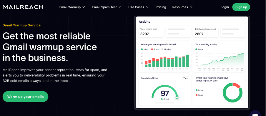 An image of MailReach’s email warmup webpage