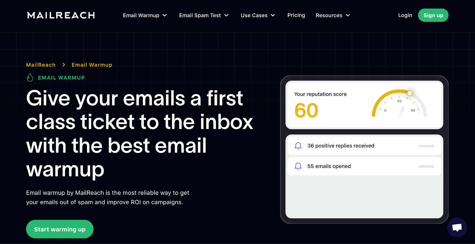 Screenshot of MailReach warmup homepage showing inbox health status, warm-up engagement metrics, and reputation monitoring widgets.