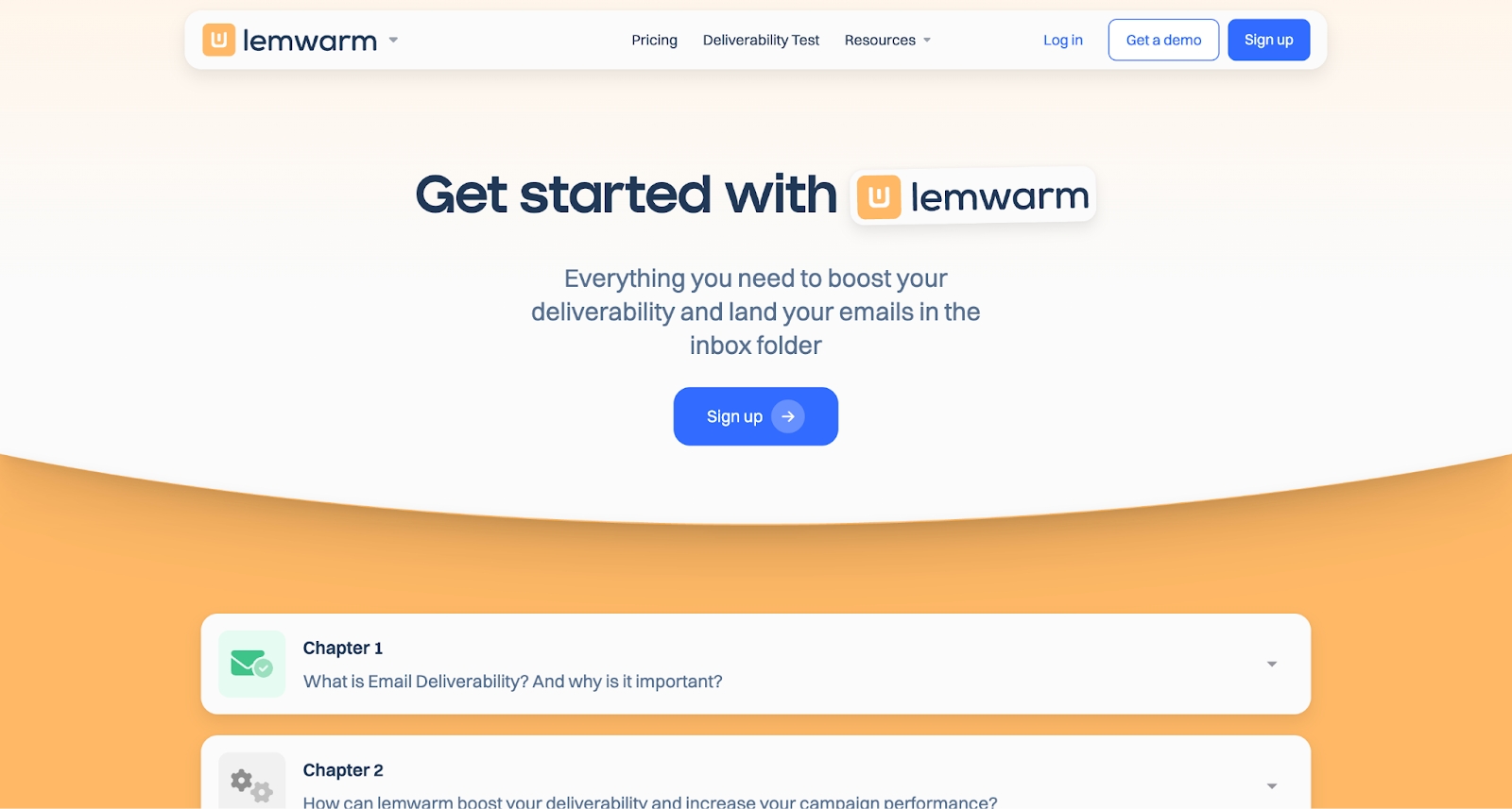 Lemwarm homepage highlighting its deliverability boosting features with a headline, a sign-up button, and learning modules 