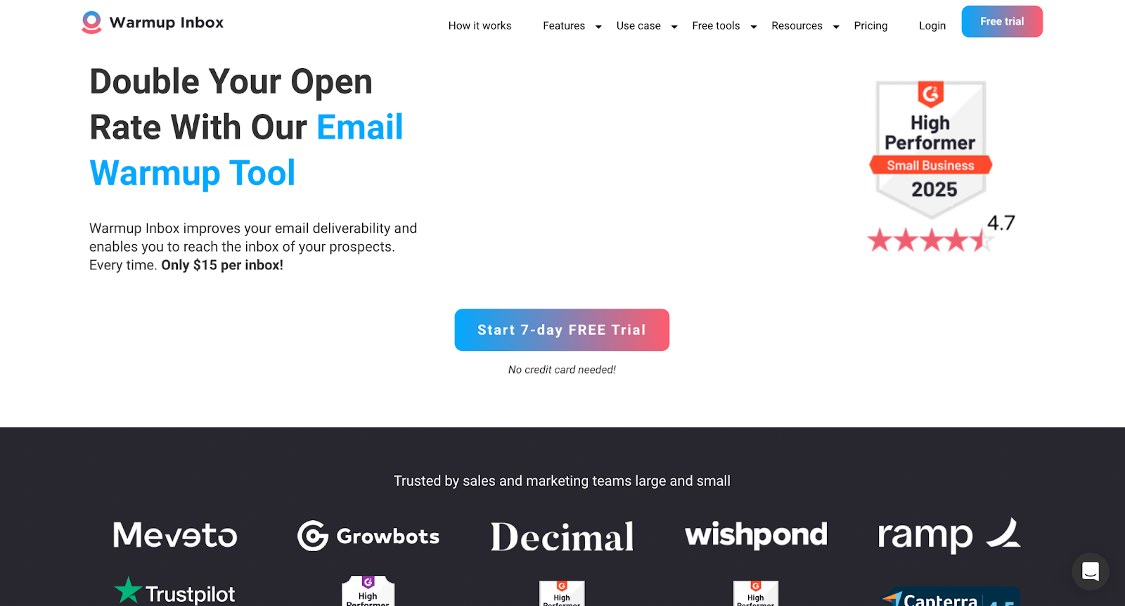 Screenshot of Warmup Inbox homepage showing pricing and deliverability value prop, G2 badge, and free trial CTA.